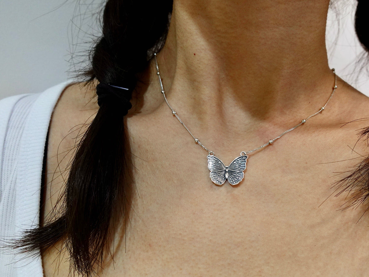Sterling Silver Butterfly Pendant Necklace, Boho Antique Jewelry
