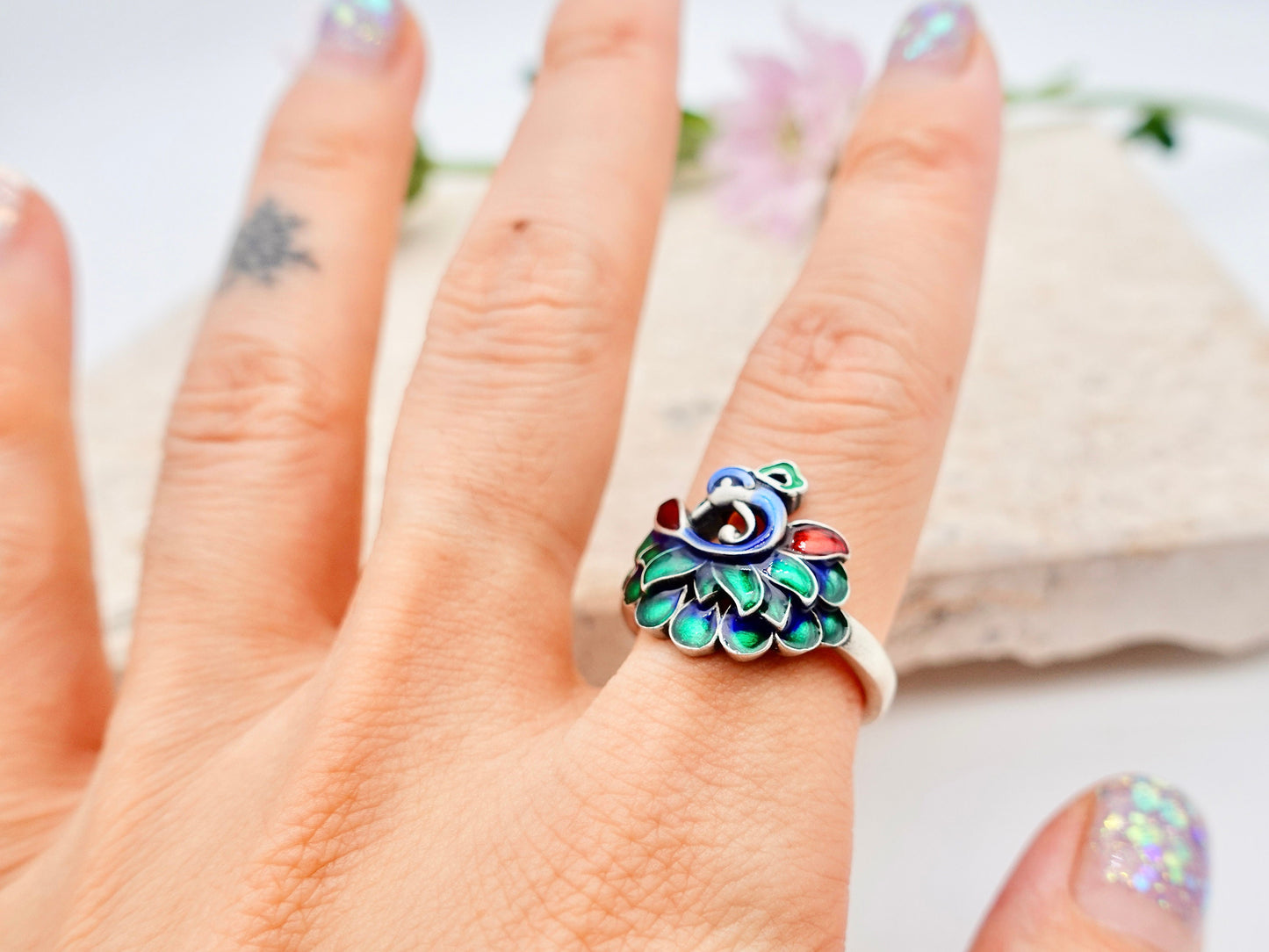 Peacock Ring , Sterling Silver Enamel Ring, Adjustable ring, Multi Color Peacock Jewelry, Bird Ring, Promise Ring