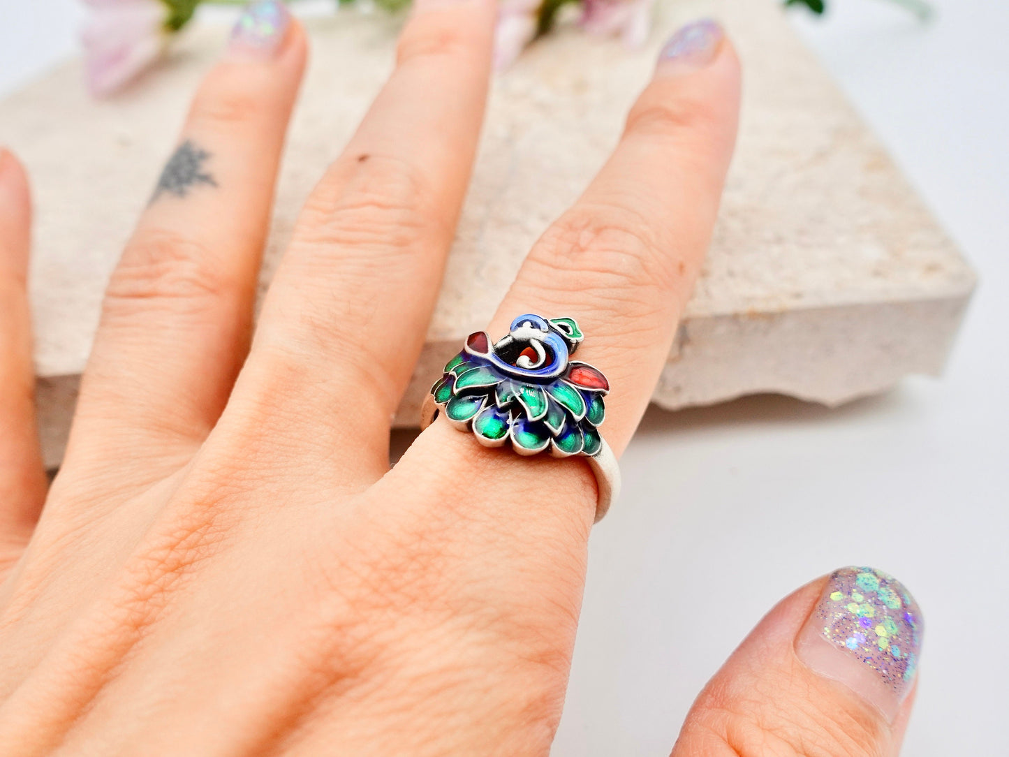 Peacock Ring , Sterling Silver Enamel Ring, Adjustable ring, Multi Color Peacock Jewelry, Bird Ring, Promise Ring