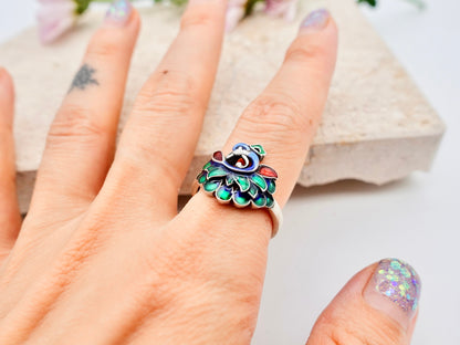 Peacock Ring , Sterling Silver Enamel Ring, Adjustable ring, Multi Color Peacock Jewelry, Bird Ring, Promise Ring