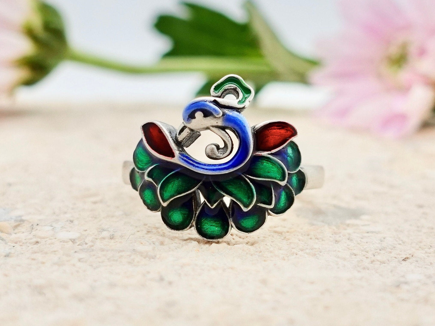 Peacock Ring , Sterling Silver Enamel Ring, Adjustable ring, Multi Color Peacock Jewelry, Bird Ring, Promise Ring