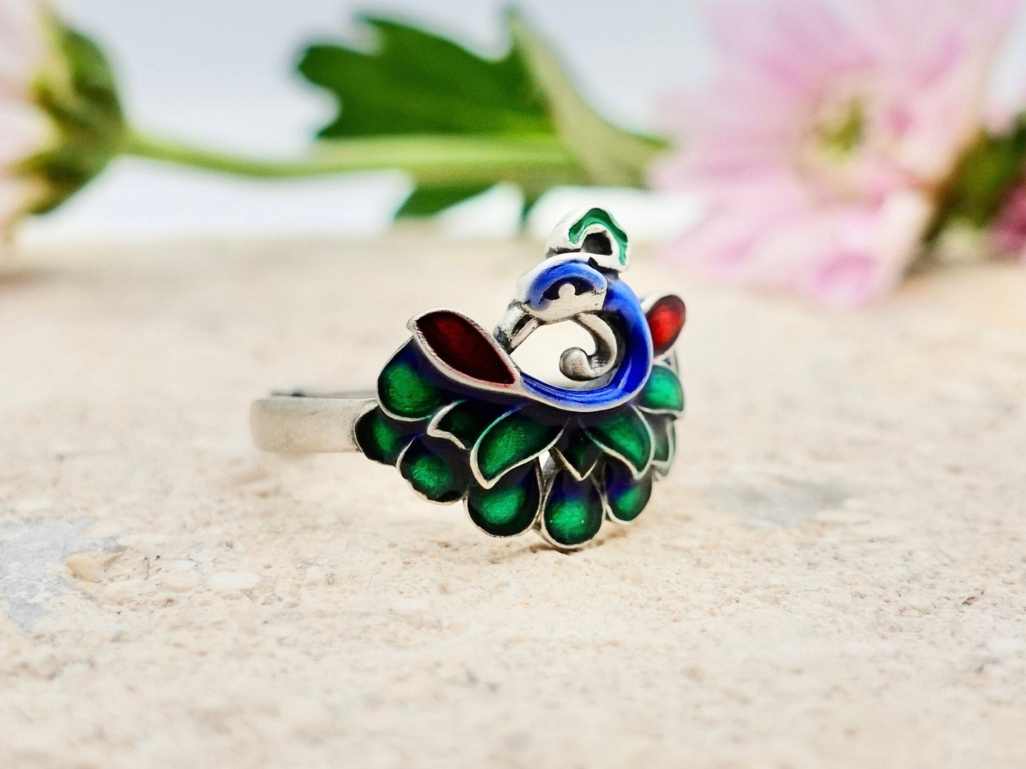 Peacock Ring , Sterling Silver Enamel Ring, Adjustable ring, Multi Color Peacock Jewelry, Bird Ring, Promise Ring