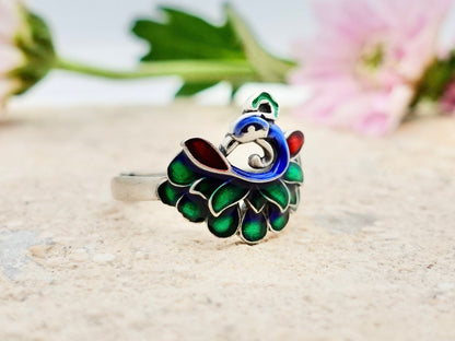 Peacock Ring , Sterling Silver Enamel Ring, Adjustable ring, Multi Color Peacock Jewelry, Bird Ring, Promise Ring