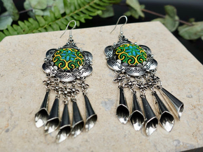 Silver Ethnic Earrings, Bali Earrings, Bohemian Earrings, Tribal Earrings, Dangle Earrings, Fringe Earrings - TibiCollection