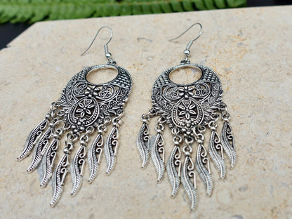 Silver Mandala Earrings, Chandelier Earrings, Boho Chic Earrings, Dangle Earrings, Fringe Earrings, Ethnic Jewelry - TibiCollection