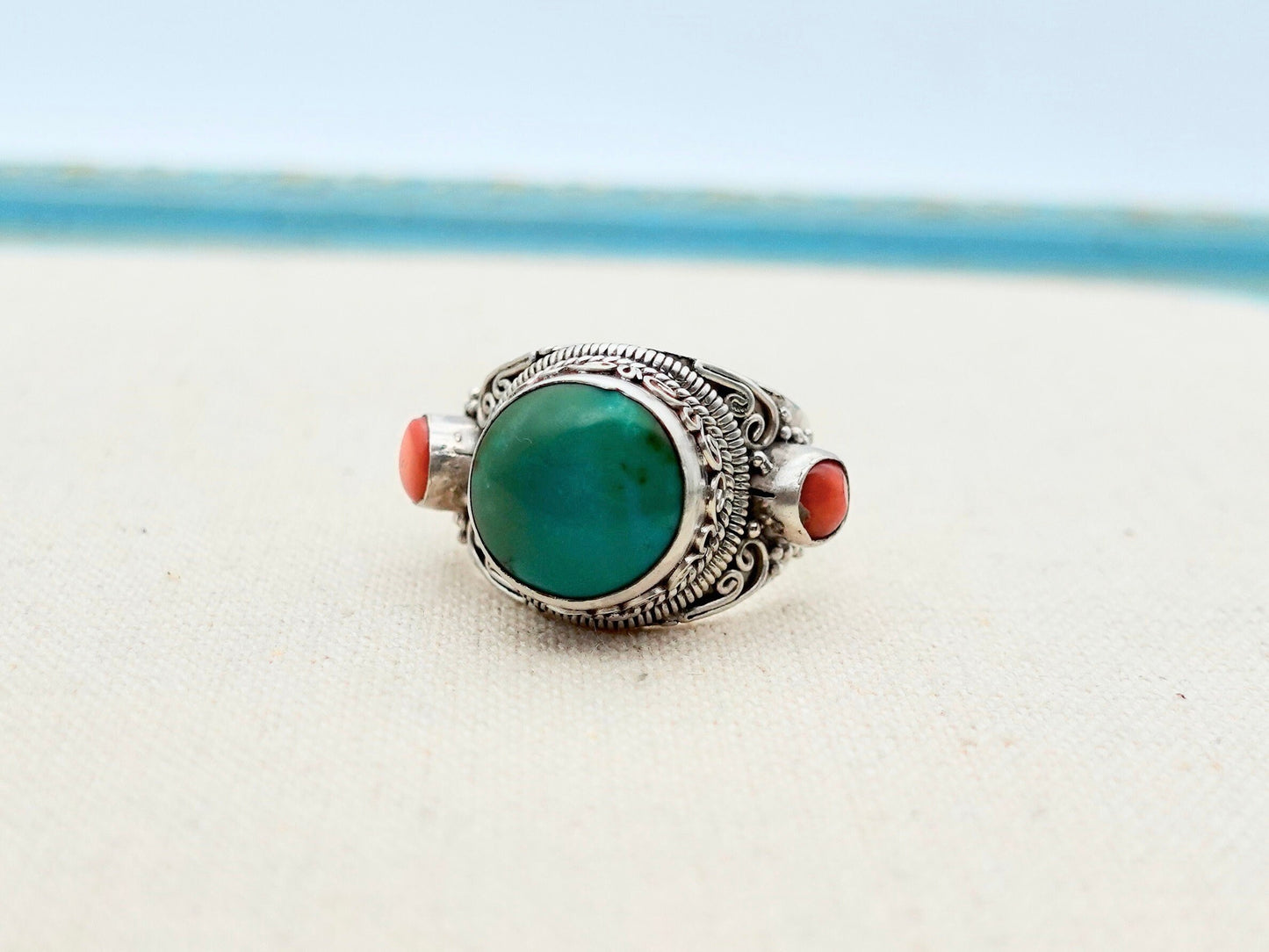 Sterling Silver Turquoise Coral Ring, Statement Ring, Adjust Tibetan Ring Teal Blue Green Turquoise Antique Ring