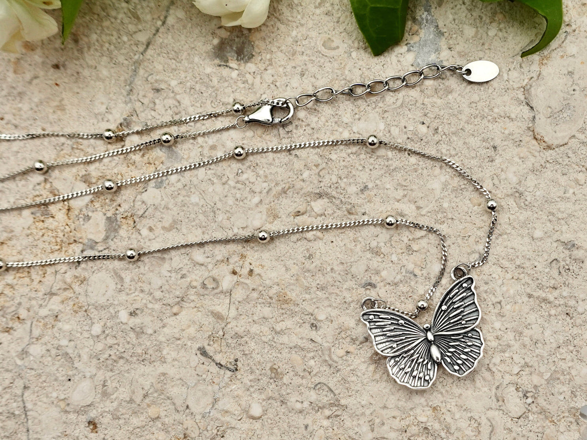Sterling Silver Butterfly Pendant Necklace, Boho Antique Jewelry