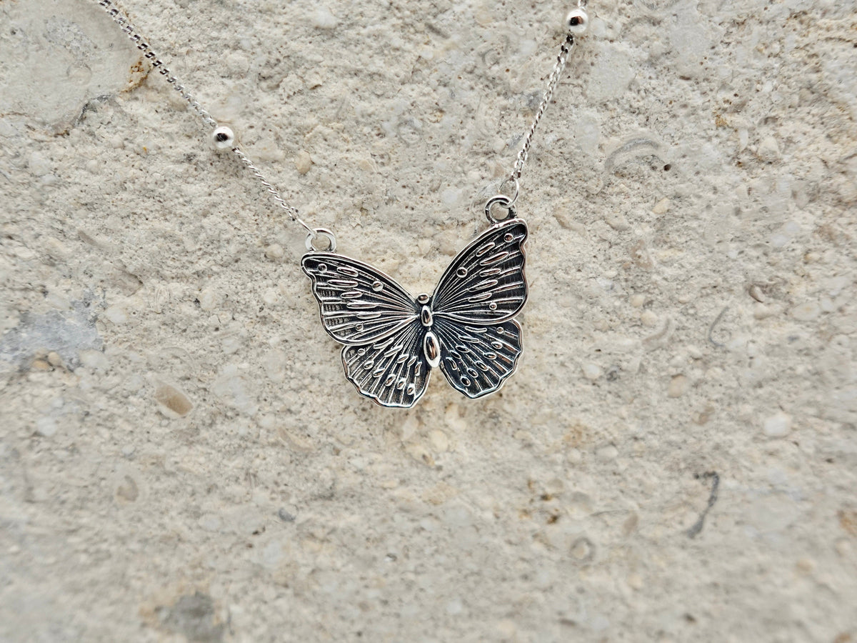 Sterling Silver Butterfly Pendant Necklace, Boho Antique Jewelry