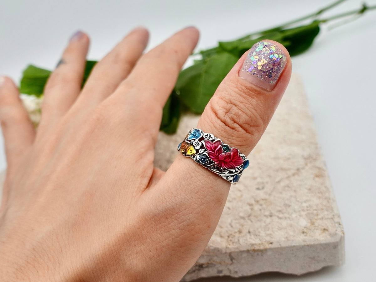 Lotus Ring, Hollow Out Statement Thumb Ring, Sterling Silver Colorful Flower Ring, Enamel Ring, Adjustable Wide Band Ring