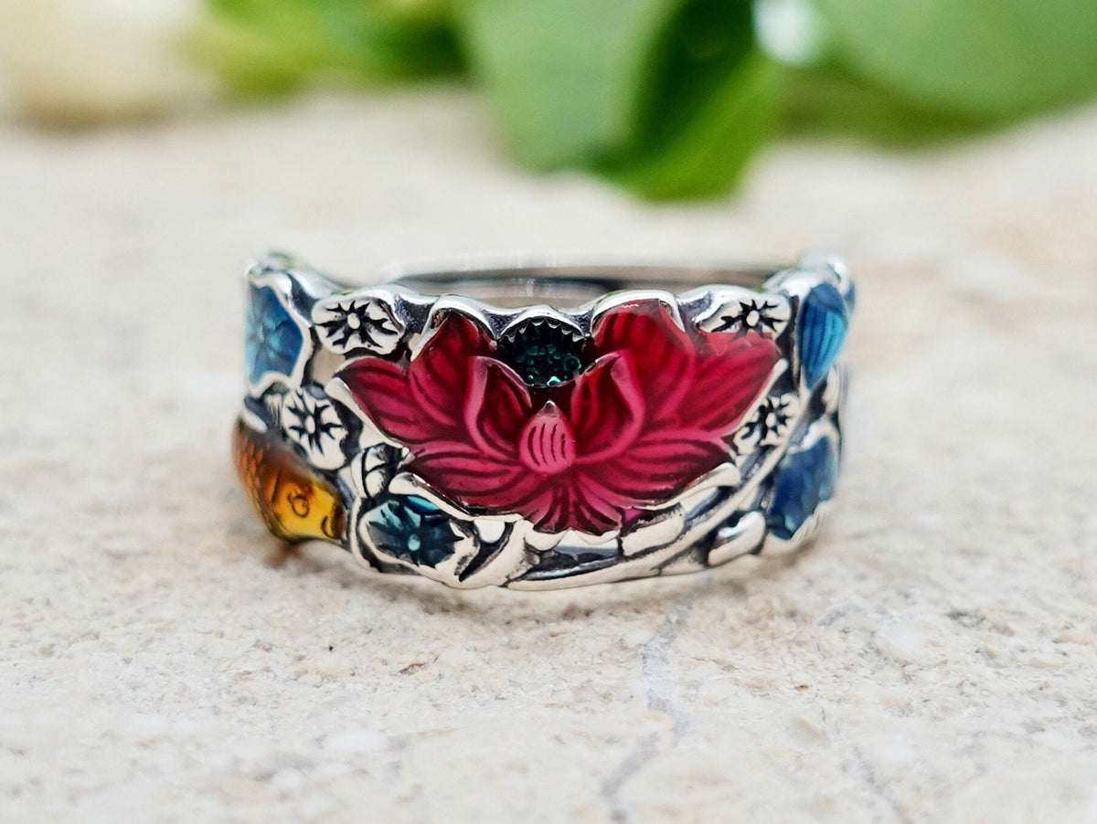 Lotus Ring, Hollow Out Statement Thumb Ring, Sterling Silver Colorful Flower Ring, Enamel Ring, Adjustable Wide Band Ring