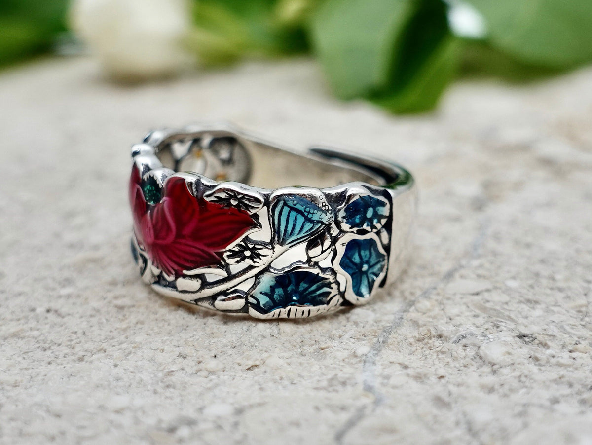 Lotus Ring, Hollow Out Statement Thumb Ring, Sterling Silver Colorful Flower Ring, Enamel Ring, Adjustable Wide Band Ring