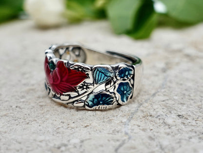 Lotus Ring, Hollow Out Statement Thumb Ring, Sterling Silver Colorful Flower Ring, Enamel Ring, Adjustable Wide Band Ring