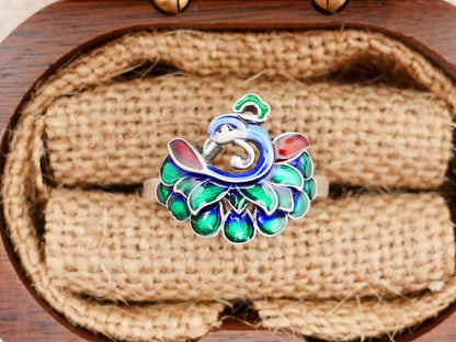 Peacock Ring , Sterling Silver Enamel Ring, Adjustable ring, Multi Color Peacock Jewelry, Bird Ring, Promise Ring