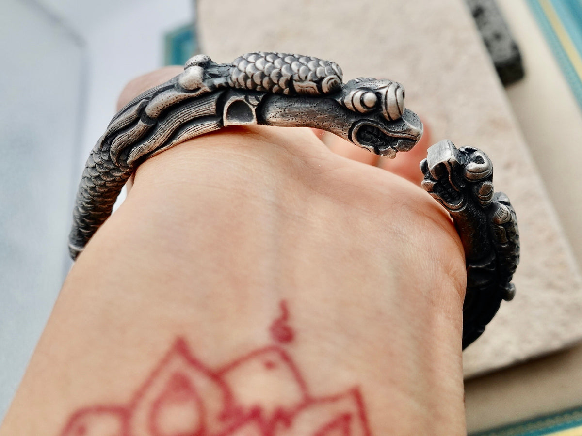 Sterling Silver Double Dragon Head Cuff Bracelet, 999 Fine Silver