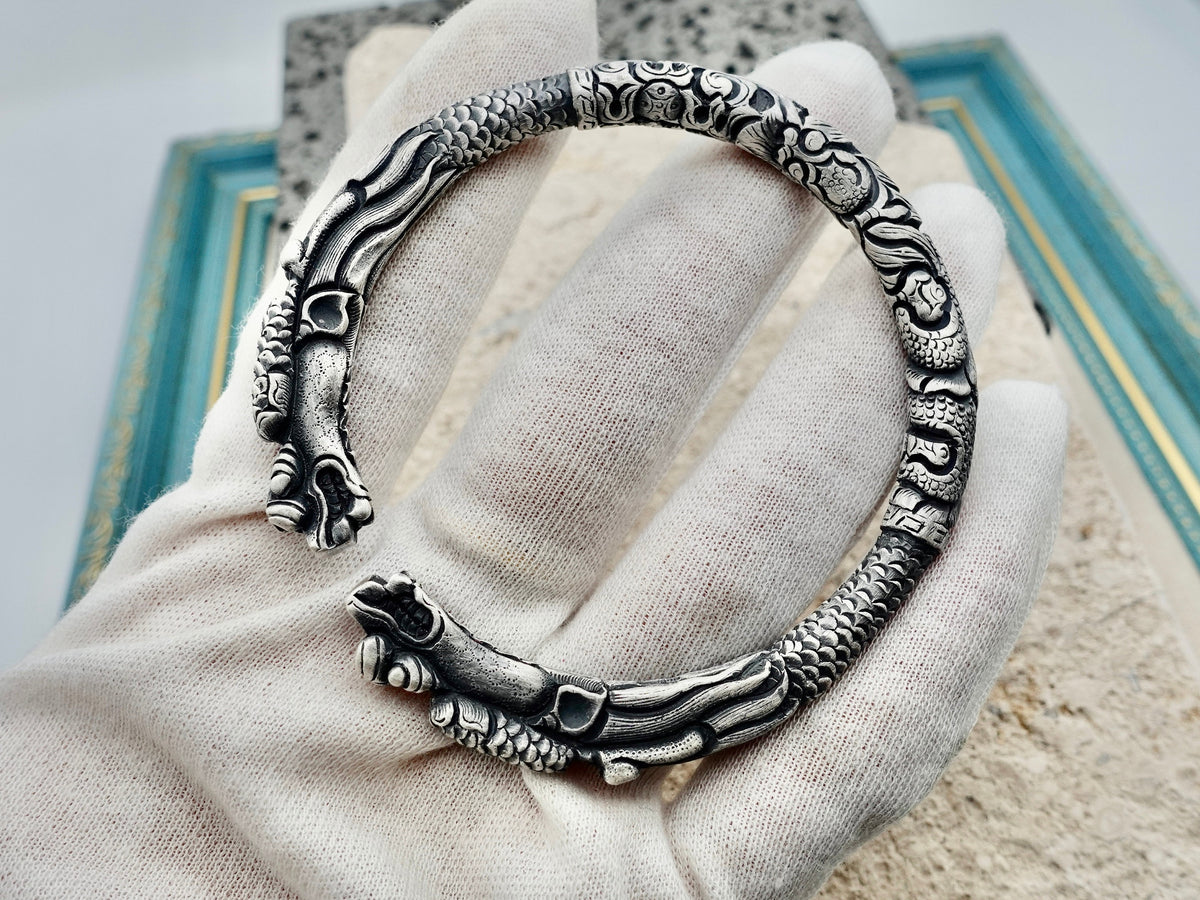 Sterling Silver Double Dragon Head Cuff Bracelet, 999 Fine Silver