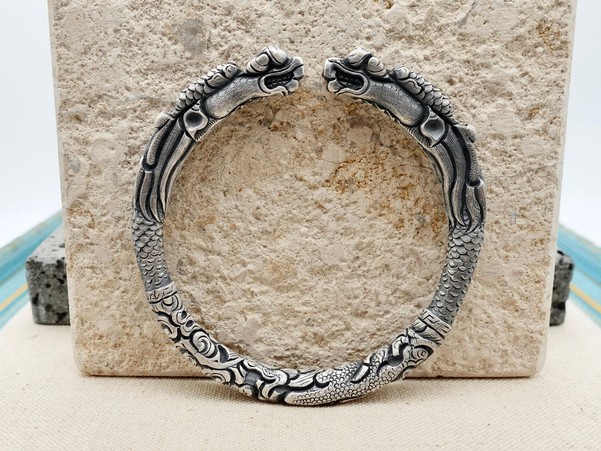 Sterling Silver Double Dragon Head Cuff Bracelet, 999 Fine Silver