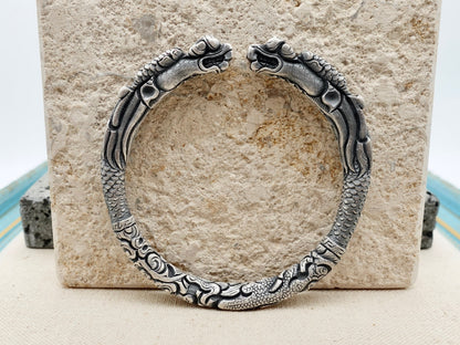 Sterling Silver Double Dragon Head Cuff Bracelet, 999 Fine Silver