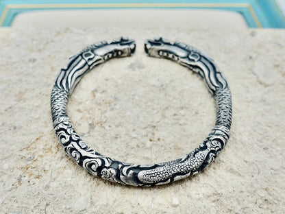 Sterling Silver Double Dragon Head Cuff Bracelet, 999 Fine Silver
