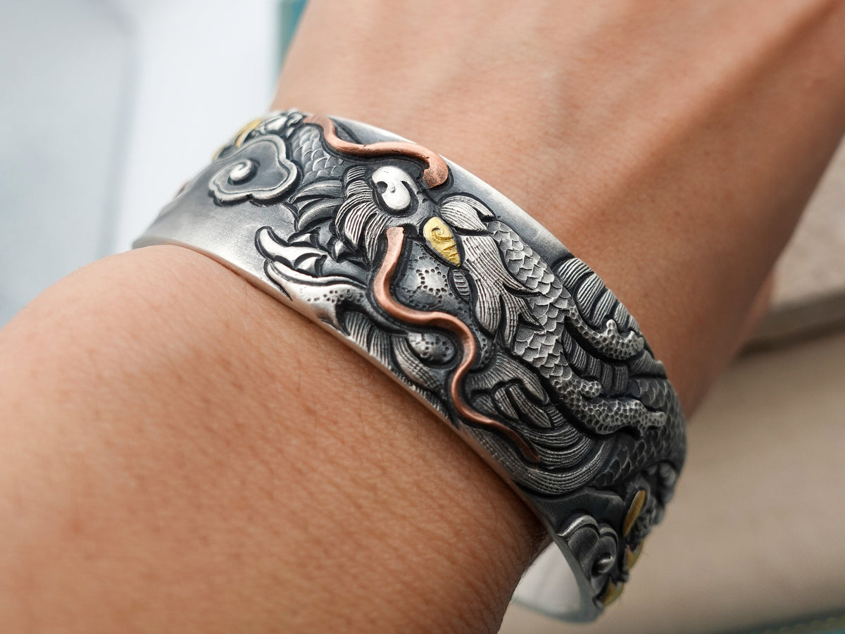 Sterling Silver Dragon Cuff Bracelet, Vintage Engraved Wide Statement Cuff, Gift for Him Husband