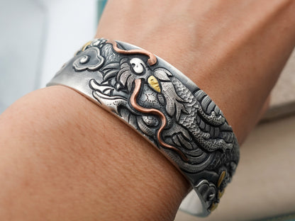Sterling Silver Dragon Cuff Bracelet, Vintage Engraved Wide Statement Cuff, Gift for Him Husband