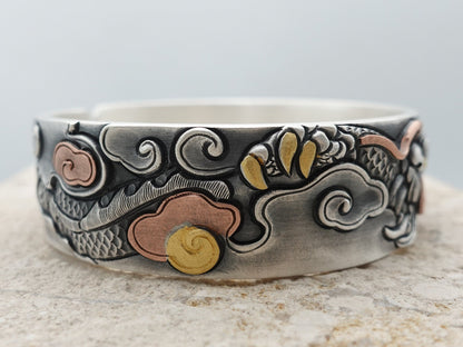 Sterling Silver Dragon Cuff Bracelet, Vintage Engraved Wide Statement Cuff, Gift for Him Husband