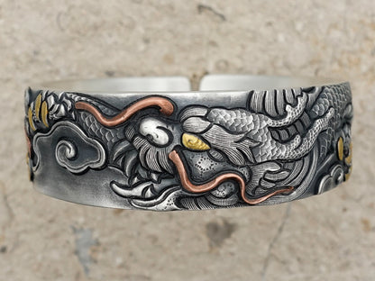Sterling Silver Dragon Cuff Bracelet, Vintage Engraved Wide Statement Cuff, Gift for Him Husband