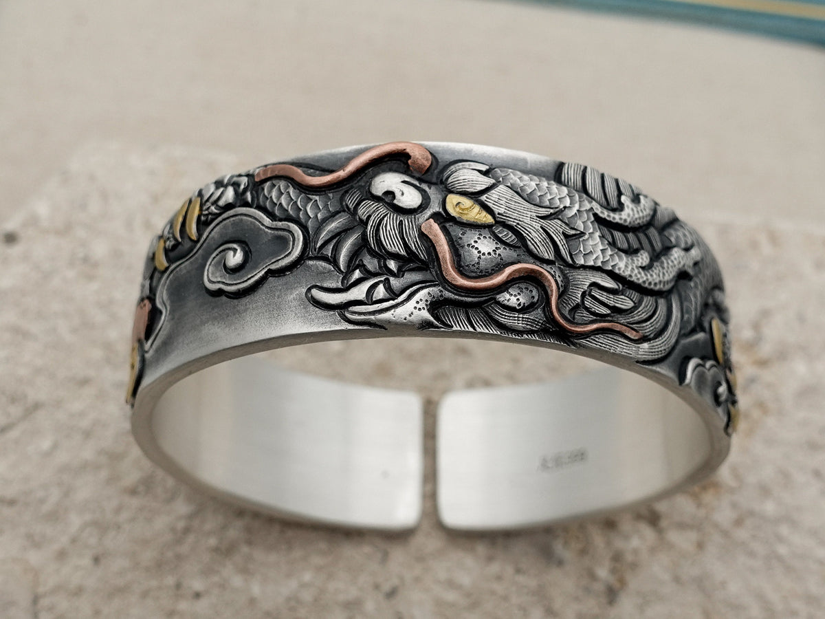 Sterling Silver Dragon Cuff Bracelet, Vintage Engraved Wide Statement Cuff, Gift for Him Husband