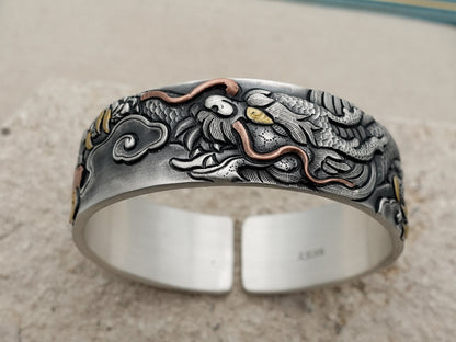 Sterling Silver Dragon Cuff Bracelet, Vintage Engraved Wide Statement Cuff, Gift for Him Husband