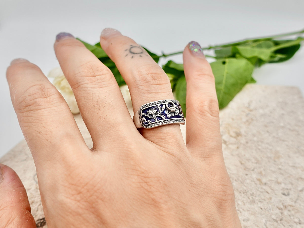 Sterling Silver Adjustable Ring: Nature Inspired Floral Branch Band