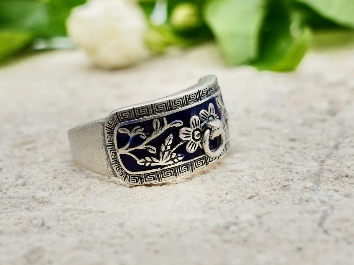 Sterling Silver Adjustable Ring: Nature Inspired Floral Branch Band
