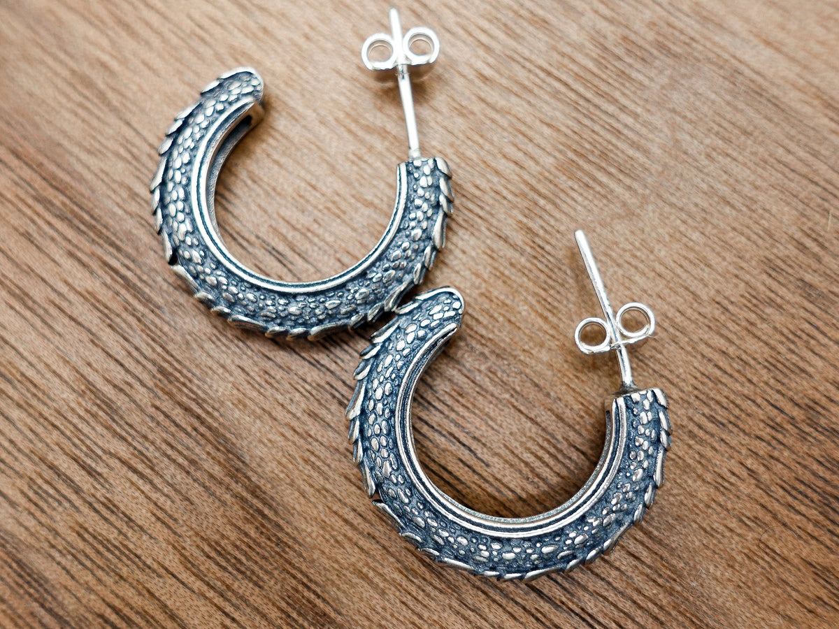 Sterling Silver Dragon Scale Hoop Earring, Gothic Men's Jewelry