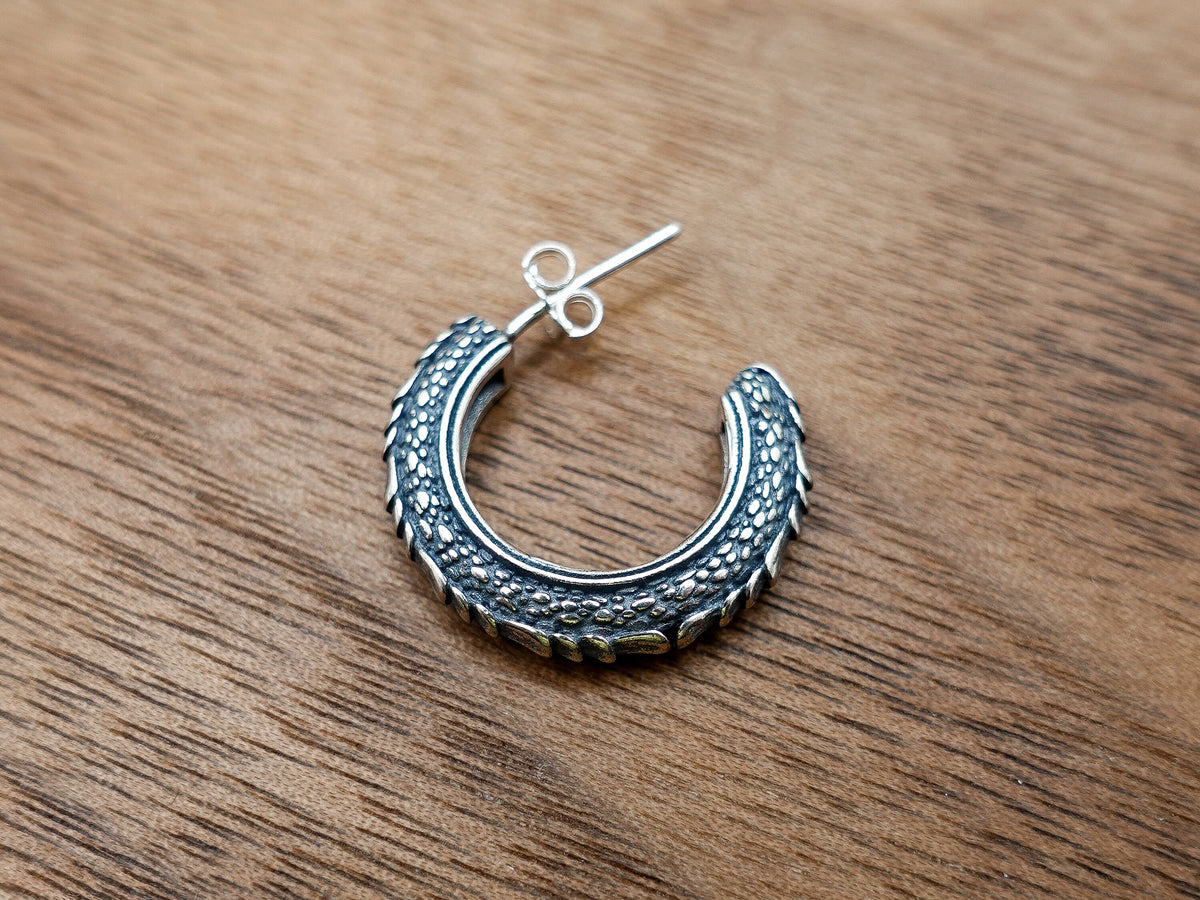 Sterling Silver Dragon Scale Hoop Earring, Gothic Men's Jewelry