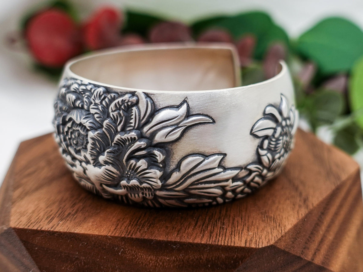 Sterling Silver Peony Cuff Bracelet: Floral Bangle, Adjustable