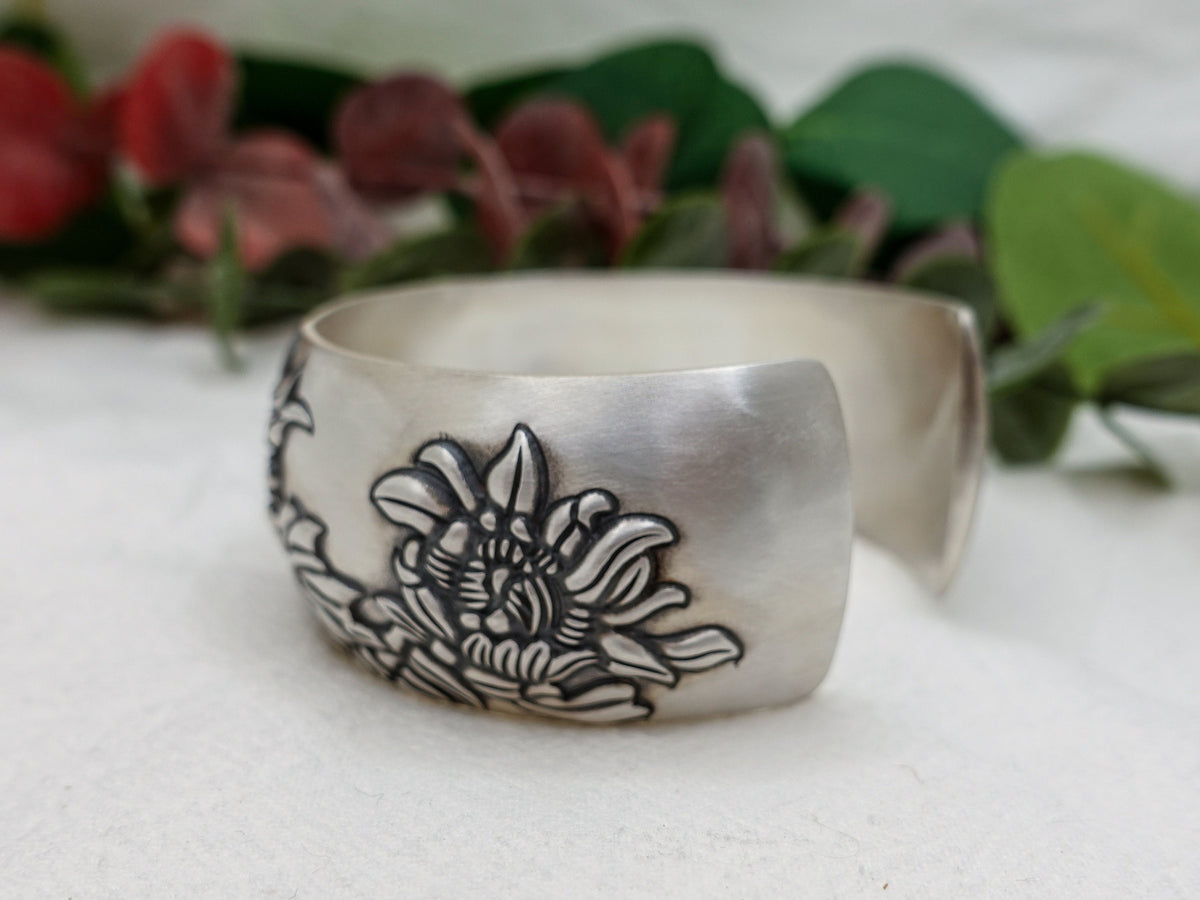 Sterling Silver Peony Cuff Bracelet: Floral Bangle, Adjustable