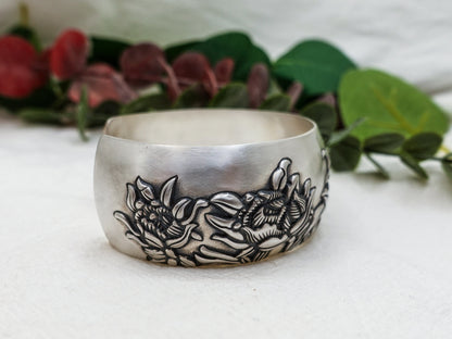 Sterling Silver Peony Cuff Bracelet: Floral Bangle, Adjustable