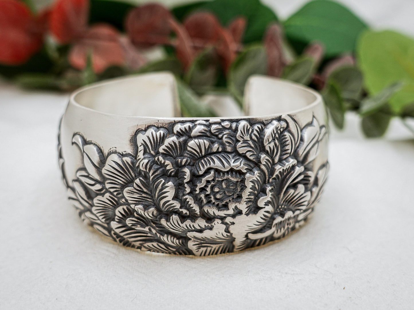 Sterling Sliver Wide Peony Bracelet for Woman Man, Floral Bracelet , Peony Bangle, Peony Wide Cuff, Gift for Mom Wife Sisters Girlfriend