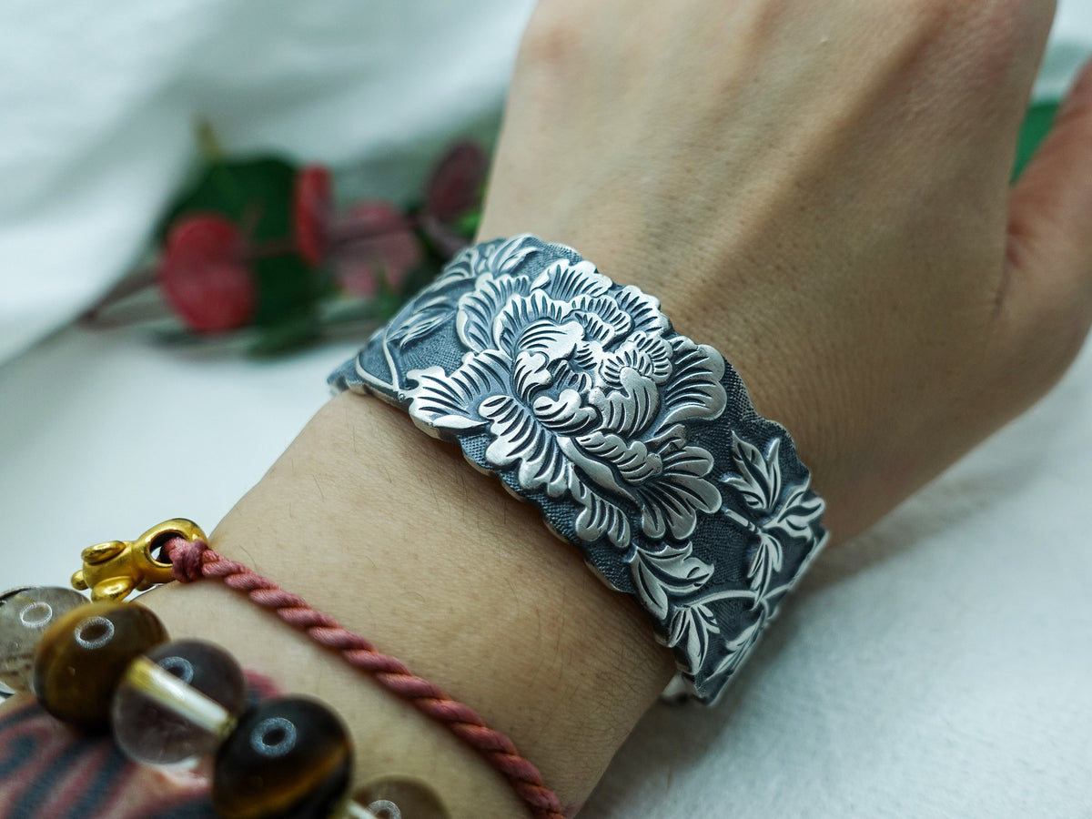 Sterling Silver Peony Blossom Cuff Bracelet: Romantic Floral Bangle