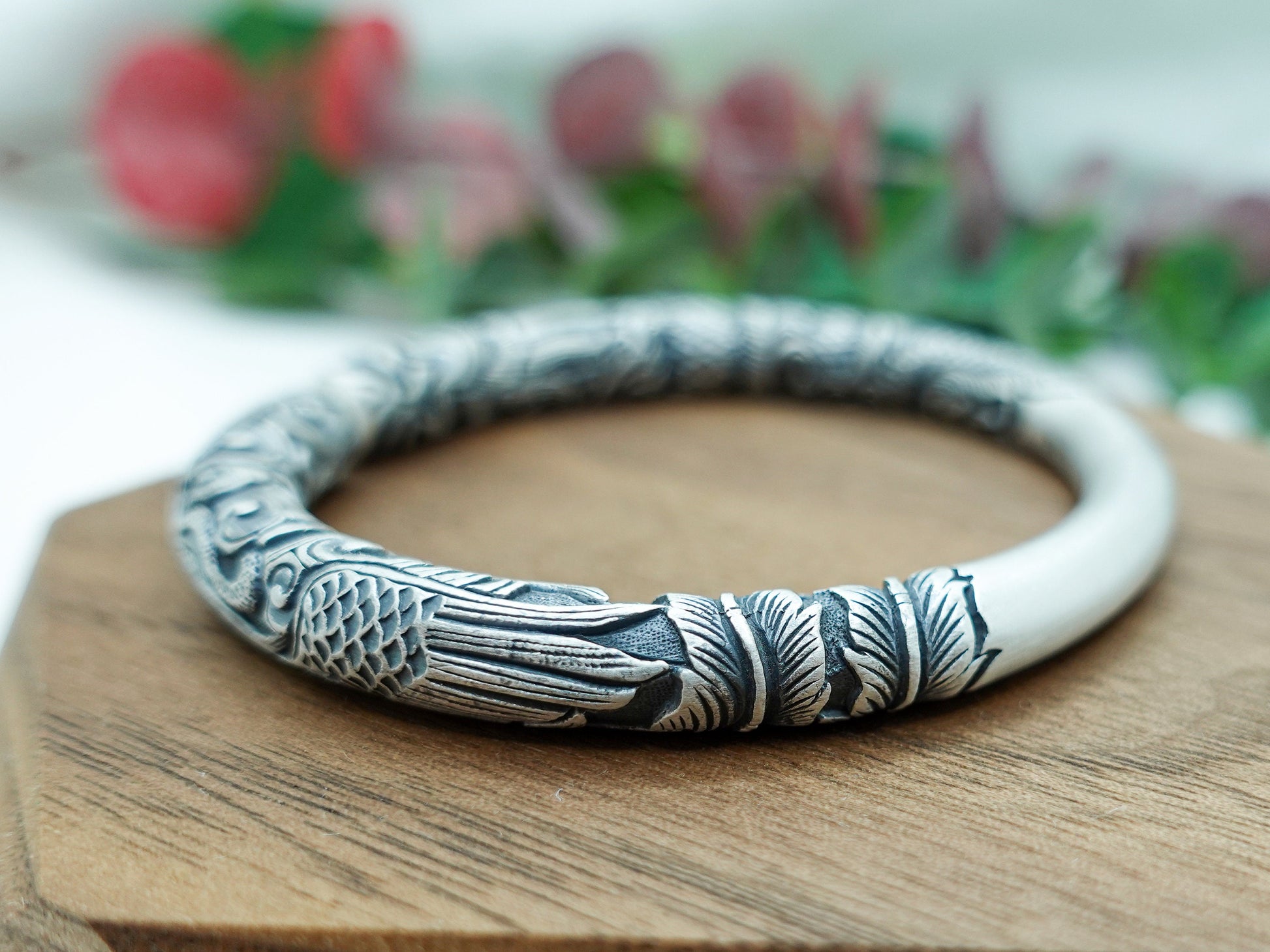 Wisdom and Love: Dragon Phoenix Bangle, Sterling Silver Dragon