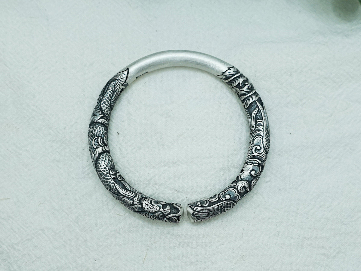 Sterling Silver Dragon Phoenix Bangle: Mystical Cuff Bracelet
