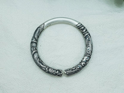 Sterling Silver Dragon Phoenix Bangle: Mystical Cuff Bracelet