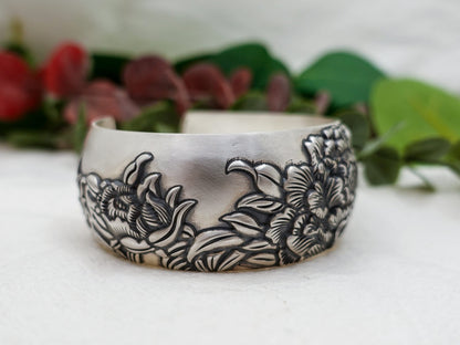 Sterling Silver Peony Cuff Bracelet: Floral Bangle, Adjustable