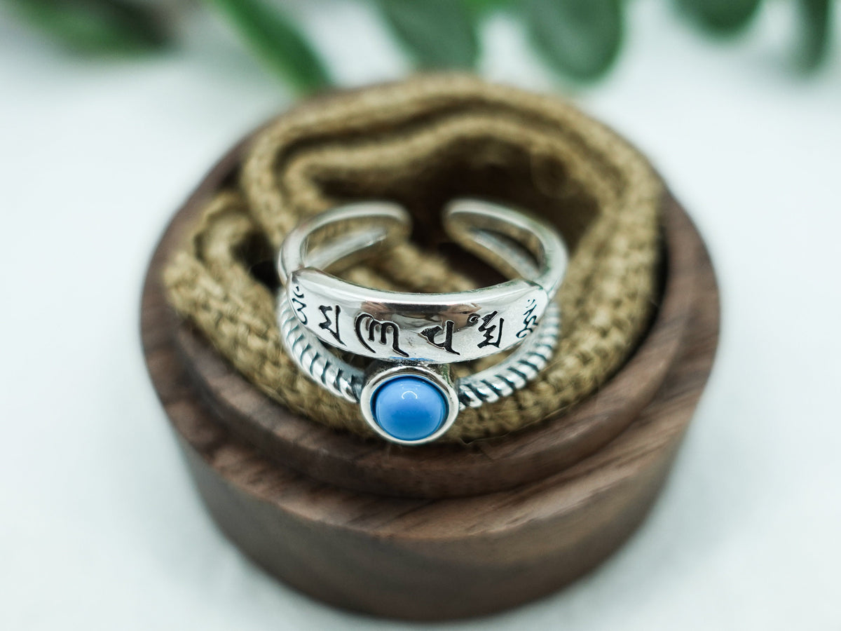 Sterling Silver Turquoise Mantra Ring: Adjustable Stacking Pinky Ring