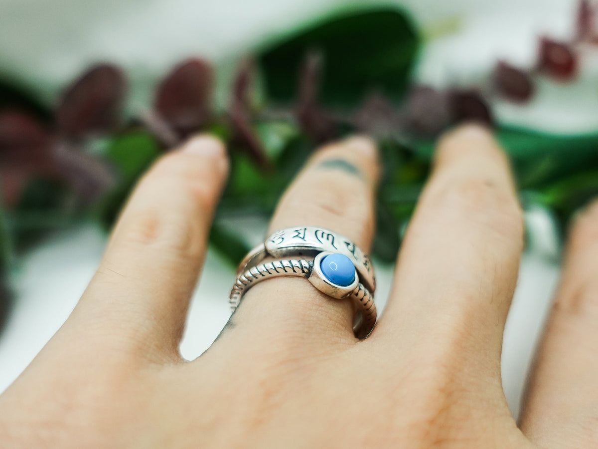 Sterling Silver Turquoise Mantra Ring: Adjustable Stacking Pinky Ring