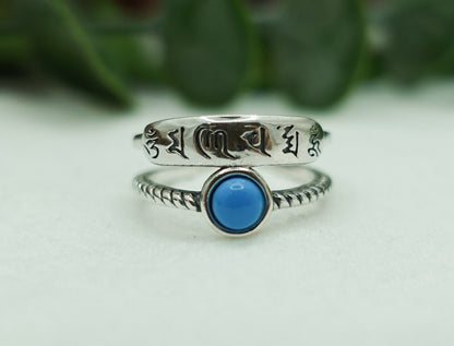 Sterling Silver Turquoise Mantra Ring: Adjustable Stacking Pinky Ring