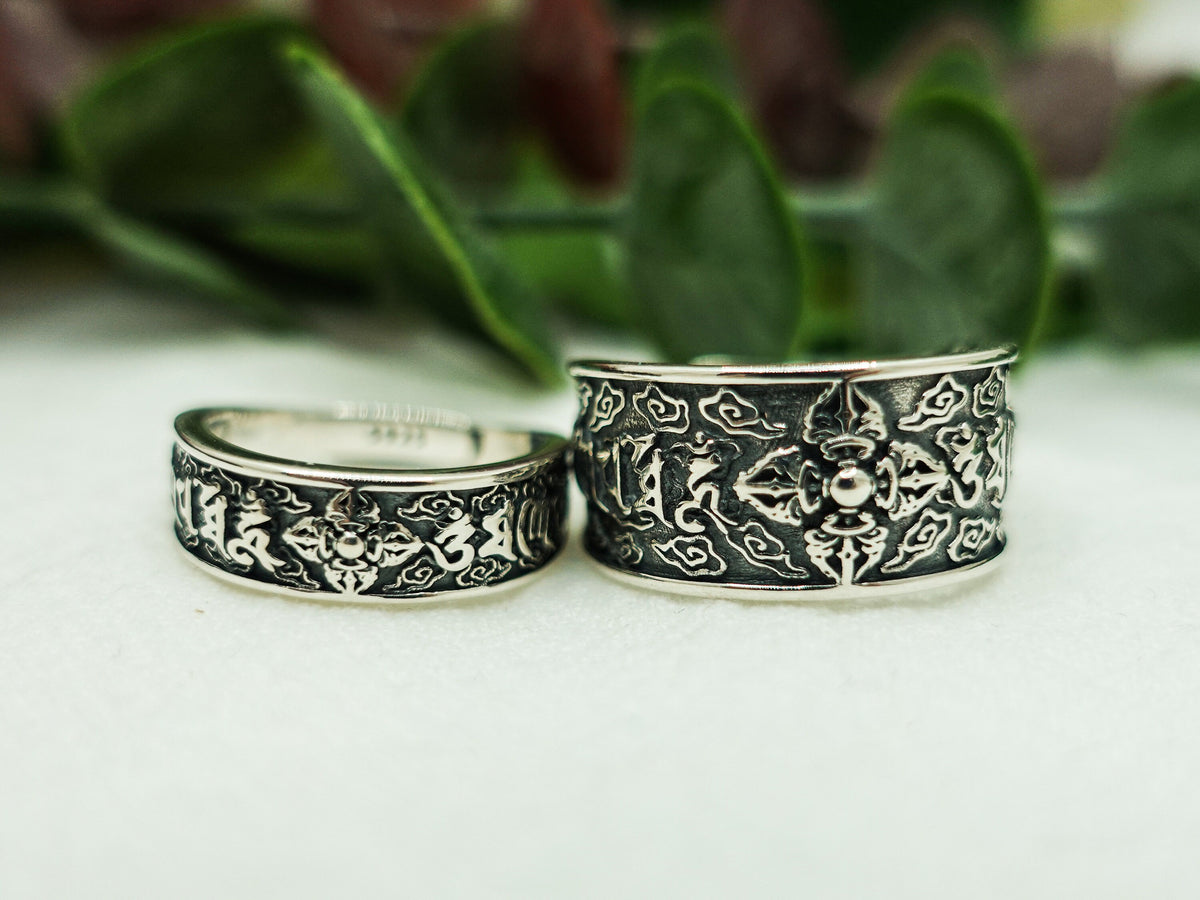 Sterling Silver Vajra Mantra Ring, Tibetan Meditation Jewelry
