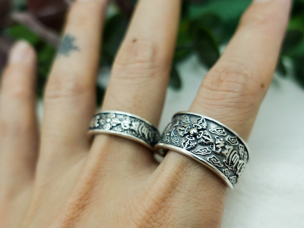 Sterling Silver Vajra Mantra Ring, Tibetan Meditation Jewelry