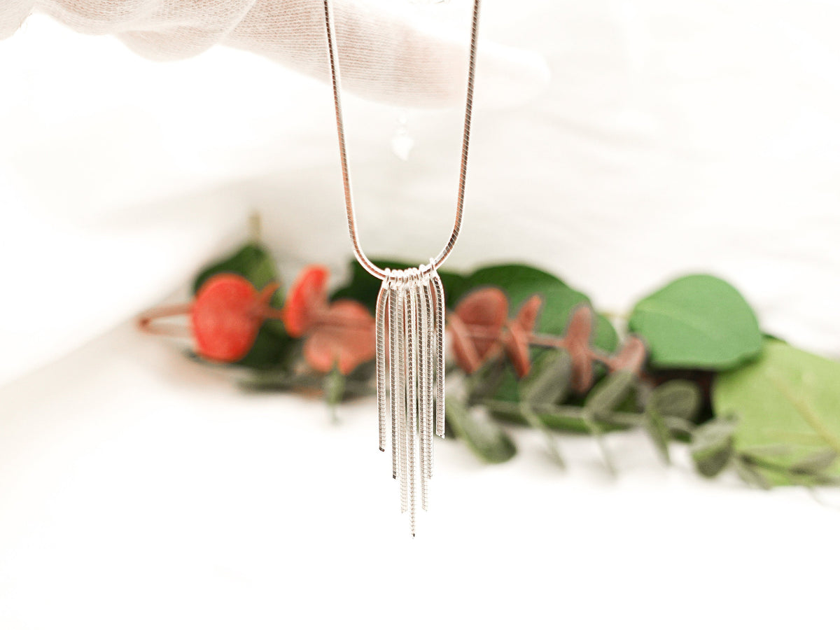 Shimmering Long Tassel Necklace: Sterling Silver Elegant Jewerly Gift for Her