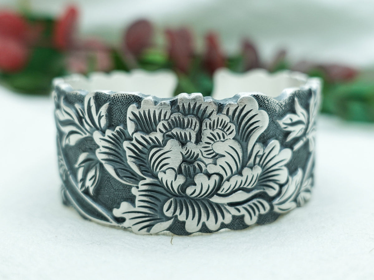 Sterling Silver Peony Blossom Cuff Bracelet: Romantic Floral Bangle