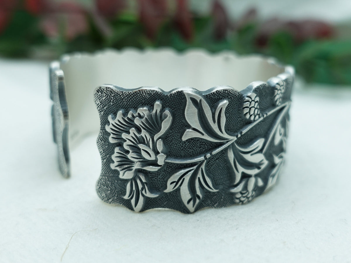 Sterling Silver Peony Blossom Cuff Bracelet: Romantic Floral Bangle