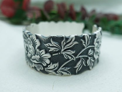 Sterling Silver Peony Blossom Cuff Bracelet: Romantic Floral Bangle